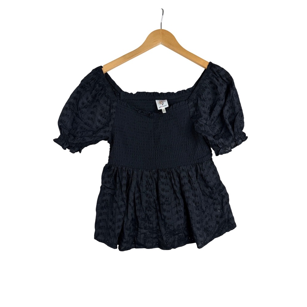 Self Esteem Smocked‎ Puff Sleeve Eyelet Y2K Top size Large Black